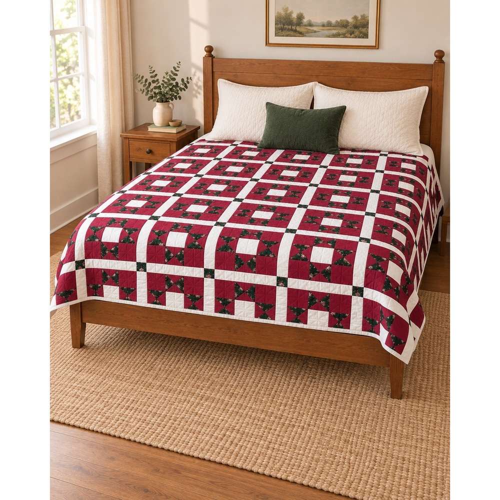 Handmade Stitched Burgundy Green Patchwork Quilt Queen 82x94 Holiday Farmhouse